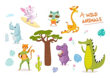 Şirin elle çizilmiş orman hayvanları ve çiçek öğeleri. Kartpostallar ve posterler için fikirler. Vektör çizimler.