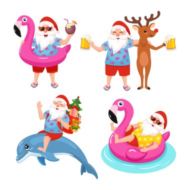 Noel Baba, geyik, yunus ve flamingo şişme yüzük resimleri komik toplama. Tropikal Noel. Vektör çizim.