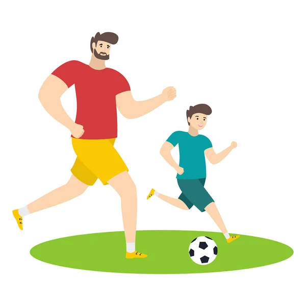Pai Filho Jogar Futebol Personagens Desenhos Animados Isolados Fundo Branco — Vetor de Stock