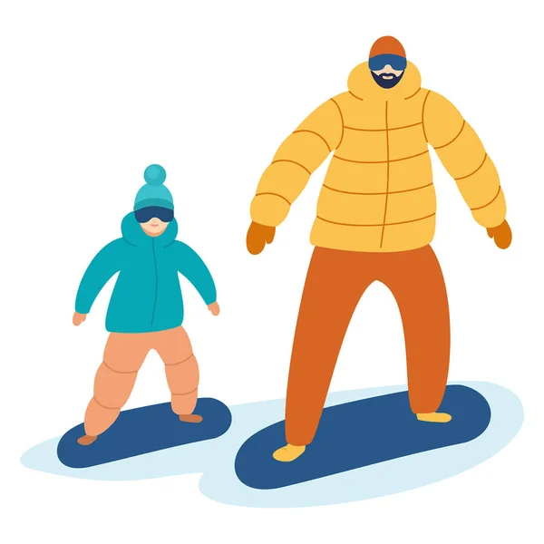 Father Son Snowboarding Cartoon Characters Isolated White Background Vector Illustration — Stock Vector