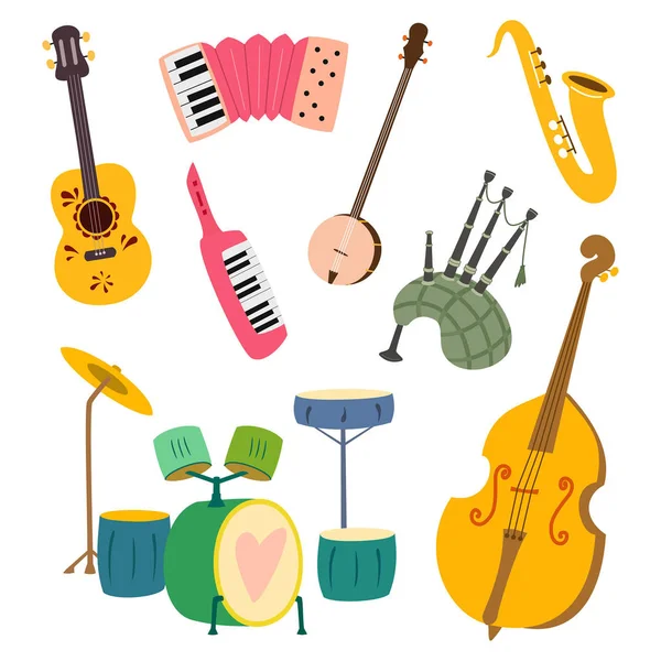 Collection Instruments Musique Stylisés Illustration Vectorielle Isolée Sur Fond Blanc — Image vectorielle