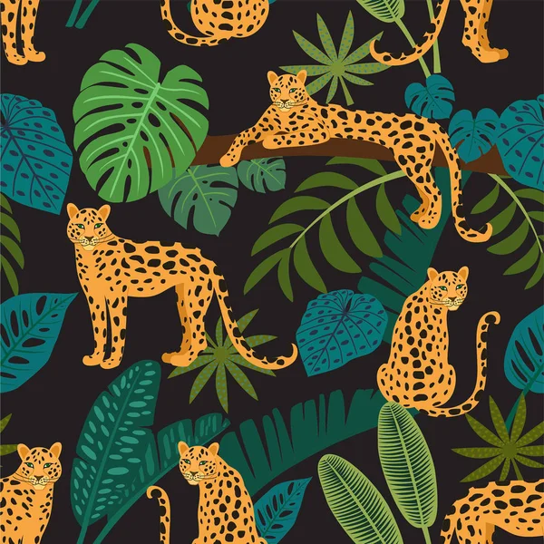 Leopárd Minta Trópusi Levelekkel Vektor Varrat Nélküli Textúra — Stock Vector