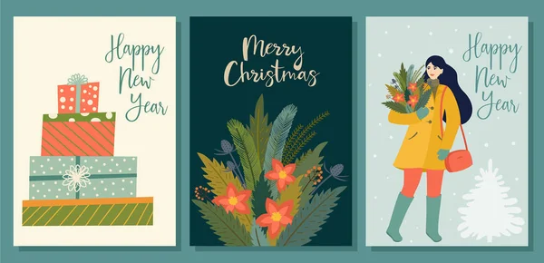 Boże Narodzenie i nowy rok plakaty lub karty z tekstem. Ilustracja wektorowa w stylu retro. — Wektor stockowy