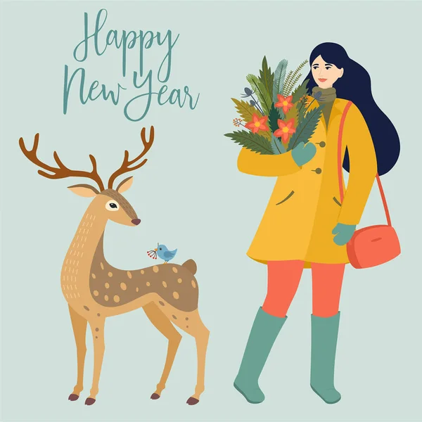 Christmas Card Deer Girl Winter Bouquet Winter Vector Illustration Retro — Stock Vector
