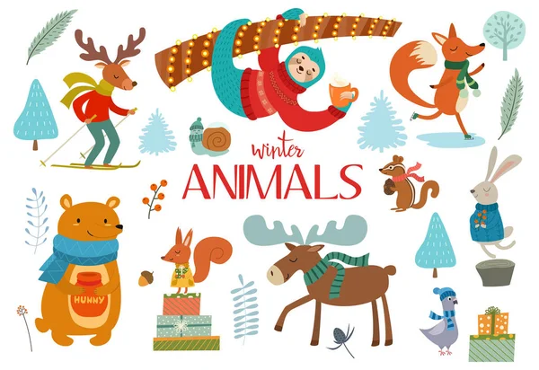 Sevimli Kış Vahşi Hayvanlar Çiçek Öğeleri Kartpostallar Posterler Için Fikirler — Stok Vektör