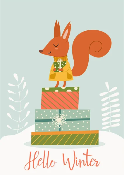 Funny Winter Card Cartoon Squirrel Gifts Vector Illustration Text — Stock Vector