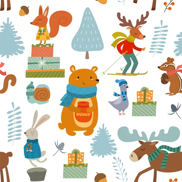 Patrón Invierno Con Personajes Dibujos Animados Animales Textura Sin Costura — Vector de stock