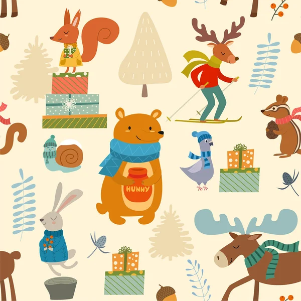 Patrón Invierno Con Personajes Dibujos Animados Animales Textura Sin Costura — Vector de stock