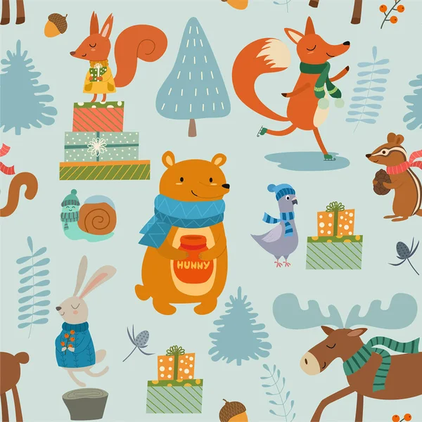 Patrón de invierno con personajes de dibujos animados animales. Textura sin costura vectorial . — Vector de stock