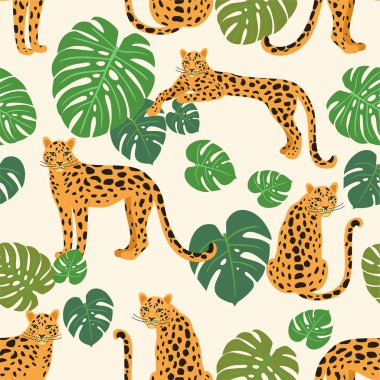 Tropik yapraklı leopar deseni. Vektör kusursuz dokusu.