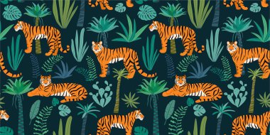 Tropikal yaprakları ile kaplan deseni. Vektör sorunsuz doku.