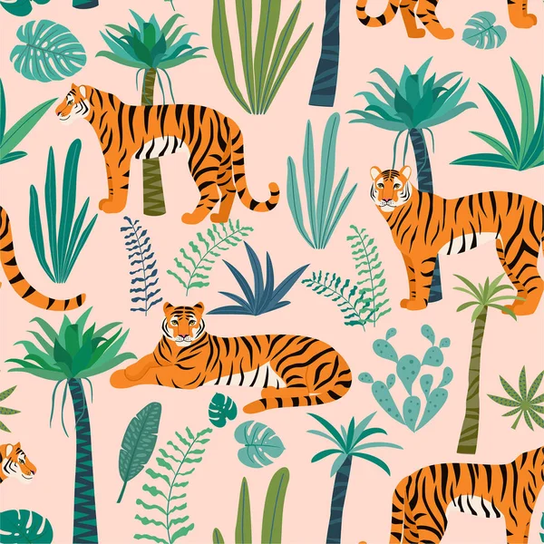 老虎图案与热带叶子 矢量无缝纹理 — 图库矢量图片