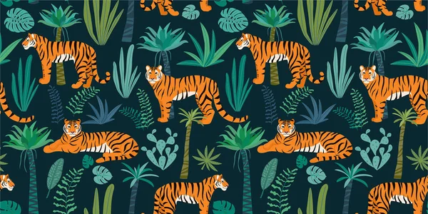 Motif Tigre Aux Feuilles Tropicales Texture Sans Couture Vectorielle — Image vectorielle