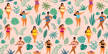 Tropical jungle pattern with girls in summer swimsuits. Body positive. Vector seamless texture.