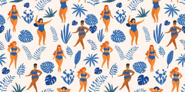 Tropical jungle pattern with girls in summer swimsuits. Body positive. Vector seamless texture.