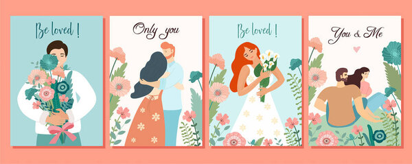 Collection of romantic cards. Vector design concepts for Valentine's Day. Beautiful illustrations with flowers and loving couples.