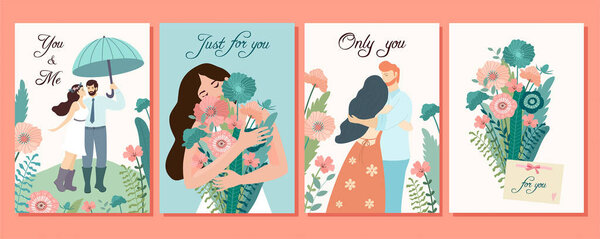 Collection of romantic cards. Vector design concepts for Valentine's Day. Beautiful illustrations with flowers and loving couples.