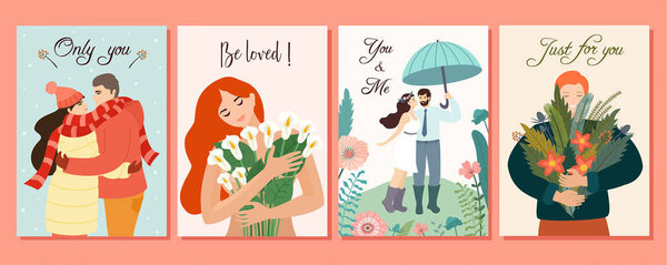 Collection of romantic cards. Vector design concepts for Valentine's Day. Beautiful illustrations with flowers and loving couples.