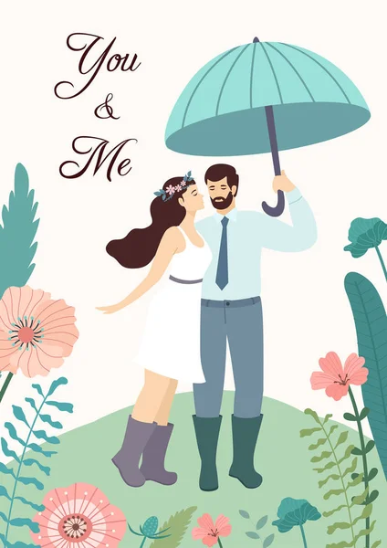 Carte Romantique Avec Couple Amoureux Illustration Vectorielle Avec Texte — Image vectorielle