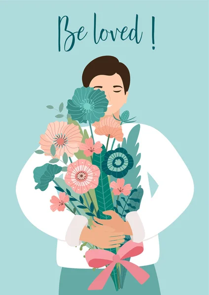 Romantiska Kort Med Ung Man Och Bukett Blommor Vektorillustration Med — Stock vektor