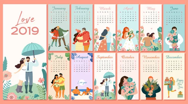Güzel Romantik Aylık Takvim 2019 Ile Çiftler Aşık Afiş Poster — Stok Vektör
