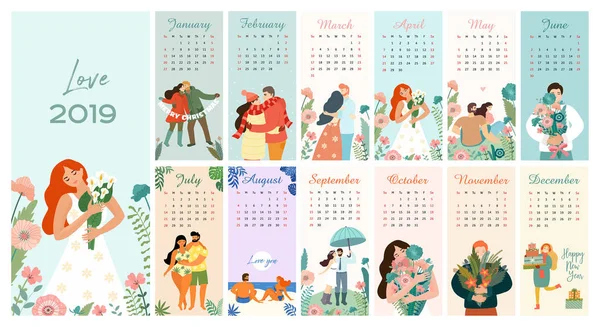 美しいロマンチックなマンスリー カレンダー 2019 カップル恋 バナー ポスター カード はがき 印刷に使用することができます — ストックベクタ