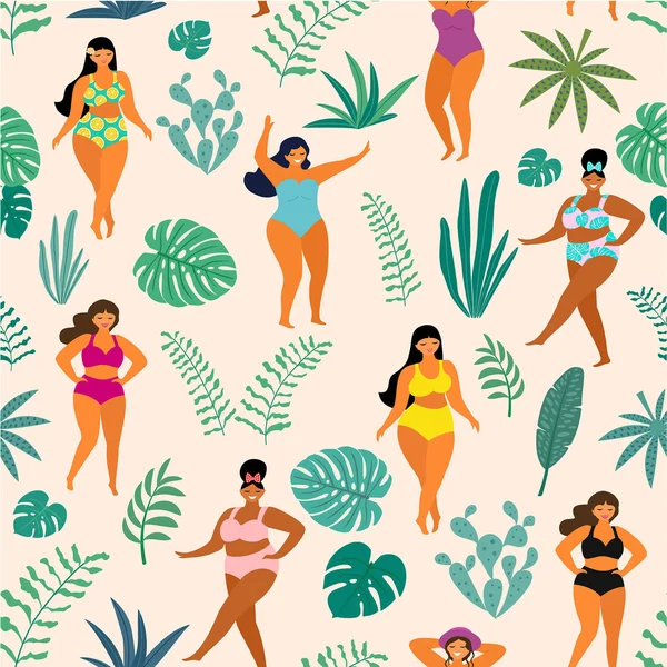 Tropische Jungle Patroon Met Meisjes Zomer Zwemkleding Lichaam Positief Vector — Stockvector