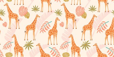 Tropikal yaprakları ile zürafa desen. Vektör dikişsiz doku.