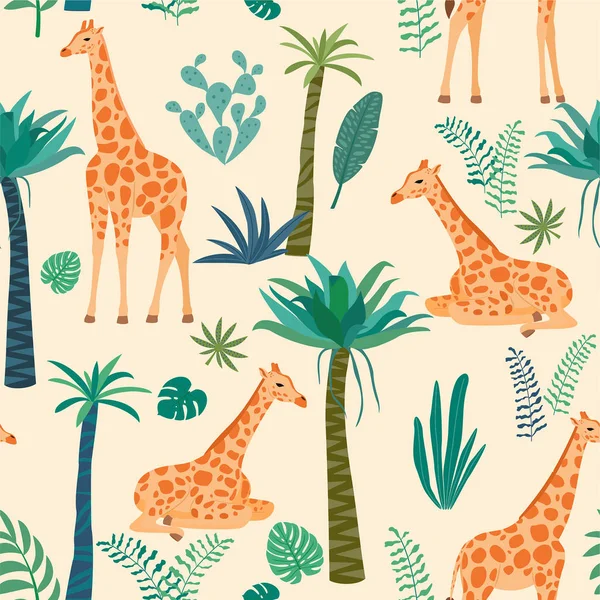 Giraffe Vzorem Tropickými Listy Bezproblémové Textury Vektoru — Stockový vektor