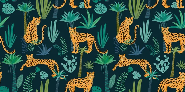 Леопардовый Рисунок Тропическими Листьями Векторная Бесшовная Текстура — стоковый вектор