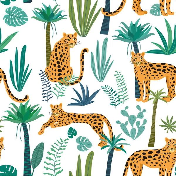 Leopardmönster Med Tropiska Blad Vektor Sömlös Textur — Stock vektor