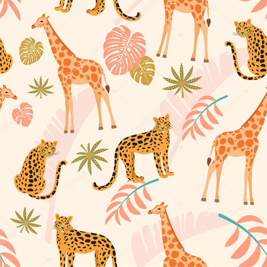 Giraffe and leopard pattern with tropical leaves. Vector seamless texture.