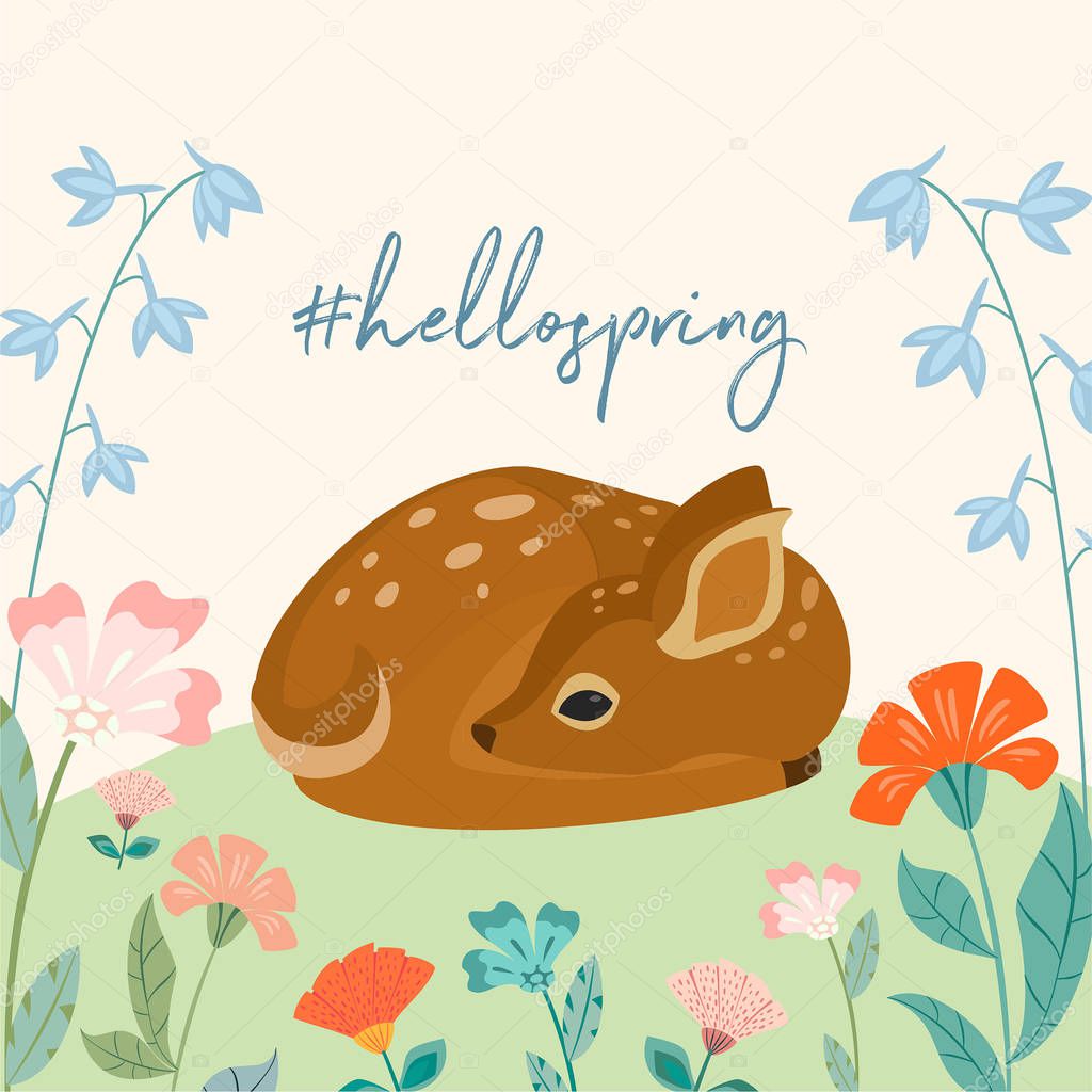 Beautiful spring template with cute baby deer and text. Vector illustration. Can be used for banner, poster, greeting card, postcard and print.