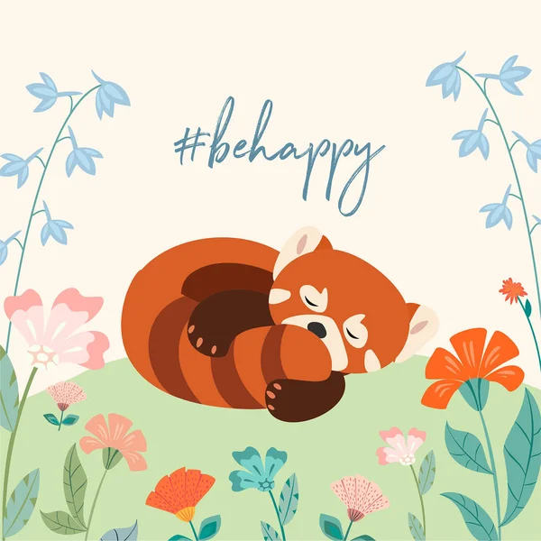 Szép Tavaszi Sablon Aranyos Alvó Vörös Panda Szöveg Vektoros Illusztráció — Stock Vector