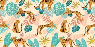 Tropik yapraklı leopar deseni. Vektör kusursuz dokusu.