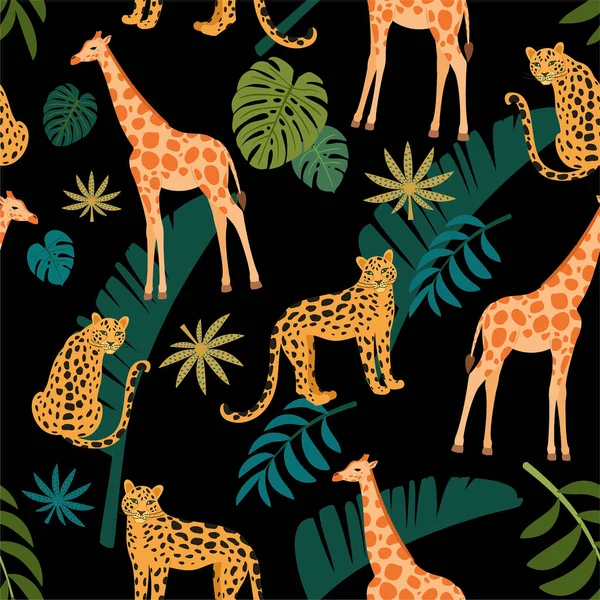 Giraffe und Leopard Muster mit tropischen Blättern. Vektor nahtlose Textur. — Stockvektor