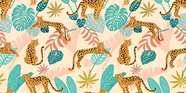 Leopardmönster med tropiska blad. Vektor sömlös textur. — Stock vektor