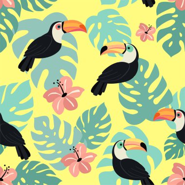 Toucan ve tropikal yaprakları ile Trendy desen. Vektör dikişsiz doku. 