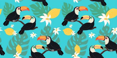 Toucan ve tropikal yaprakları ile Trendy desen. Vektör dikişsiz doku. 