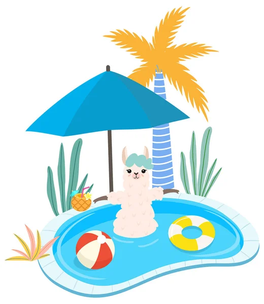 Summer illustration of cute llama with inflatable pool floats relaxing in the pool. Vector template. — Stock Vector