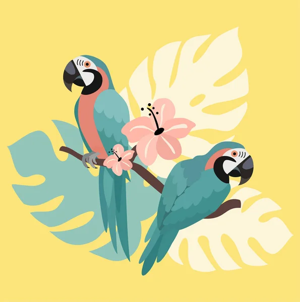 Stiliserad sommar illustration med papegojor och tropiska löv. Vektor-mall. — Stock vektor