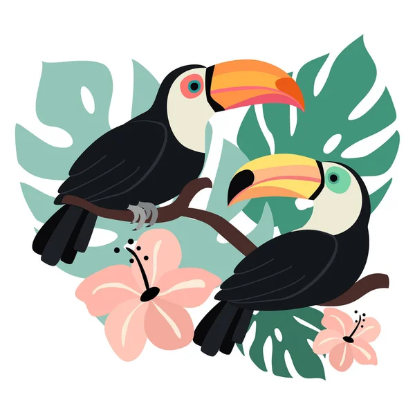 Stylized summer illustration with toucans and tropical leaves. Vector template. — Stock Vector