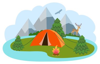 Seyahat, turizm veya kamp için dağ kampı konumu vektör illüstrasyon.