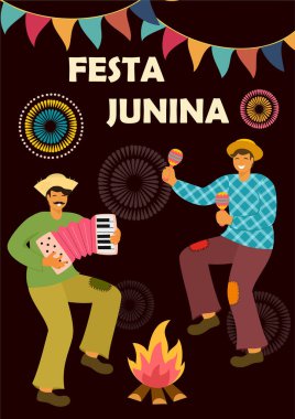 Festa Junina. Latin Amerika tatili. Vektör illüstrasyon. Banner, poster, kart, kartpostal ve yazdırılabilir için fikir şablonu.