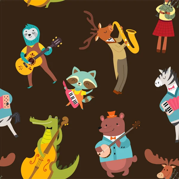 Tiermusiker. Vektor nahtlose Textur mit niedlichem Tierband im Cartoon-Stil. — Stockvektor