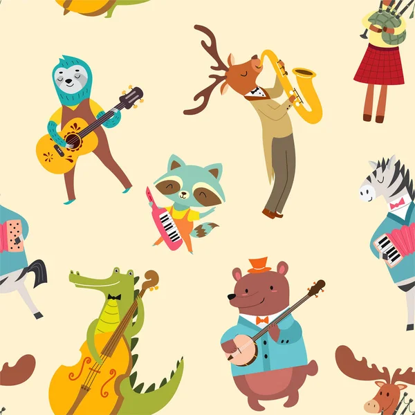 Tiermusiker. Vektor nahtlose Textur mit niedlichem Tierband im Cartoon-Stil. — Stockvektor