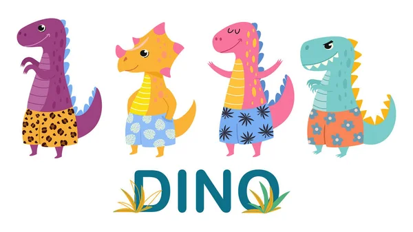 Divertida colección de dinosaurios de dibujos animados en pantalones cortos de playa. Verano vector ilustraciones . — Archivo Imágenes Vectoriales