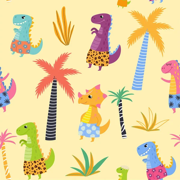 Patrón con dinosaurios lindos en pantalones cortos de playa. Textura sin costura vectorial . — Vector de stock