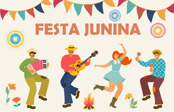 Festa Junina. Latin Amerika tatili. Vektör illüstrasyon. Banner, poster, kart, kartpostal ve yazdırılabilir için fikir şablonu. — Stok Vektör