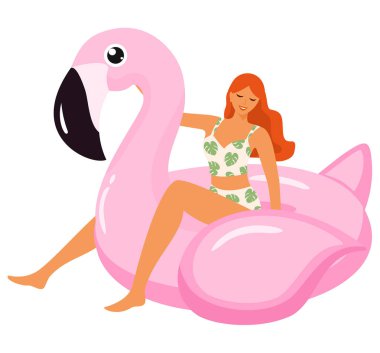Flamingo şişme havuz şamandıra ve mayo Vektör illüstrasyon kız ile Yaz şablonu.